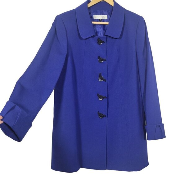 Tahari Arthur S. Levine Royal Blue Button Bow Detail, Long Coat Jacket Size 12P - Picture 1 of 12